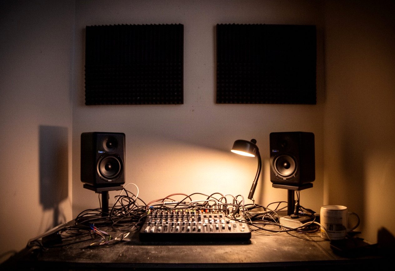 Małe studio masteringu wieczorem z monitorami studyjnymi i panelami akustycznymi